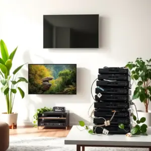 alt_text: A minimalist living room with a smart TV showing a nature documentary. Discarded electronics are recycled nearby, symbolizing e-waste reduction.