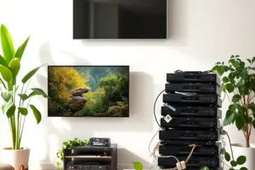 alt_text: A minimalist living room with a smart TV showing a nature documentary. Discarded electronics are recycled nearby, symbolizing e-waste reduction.