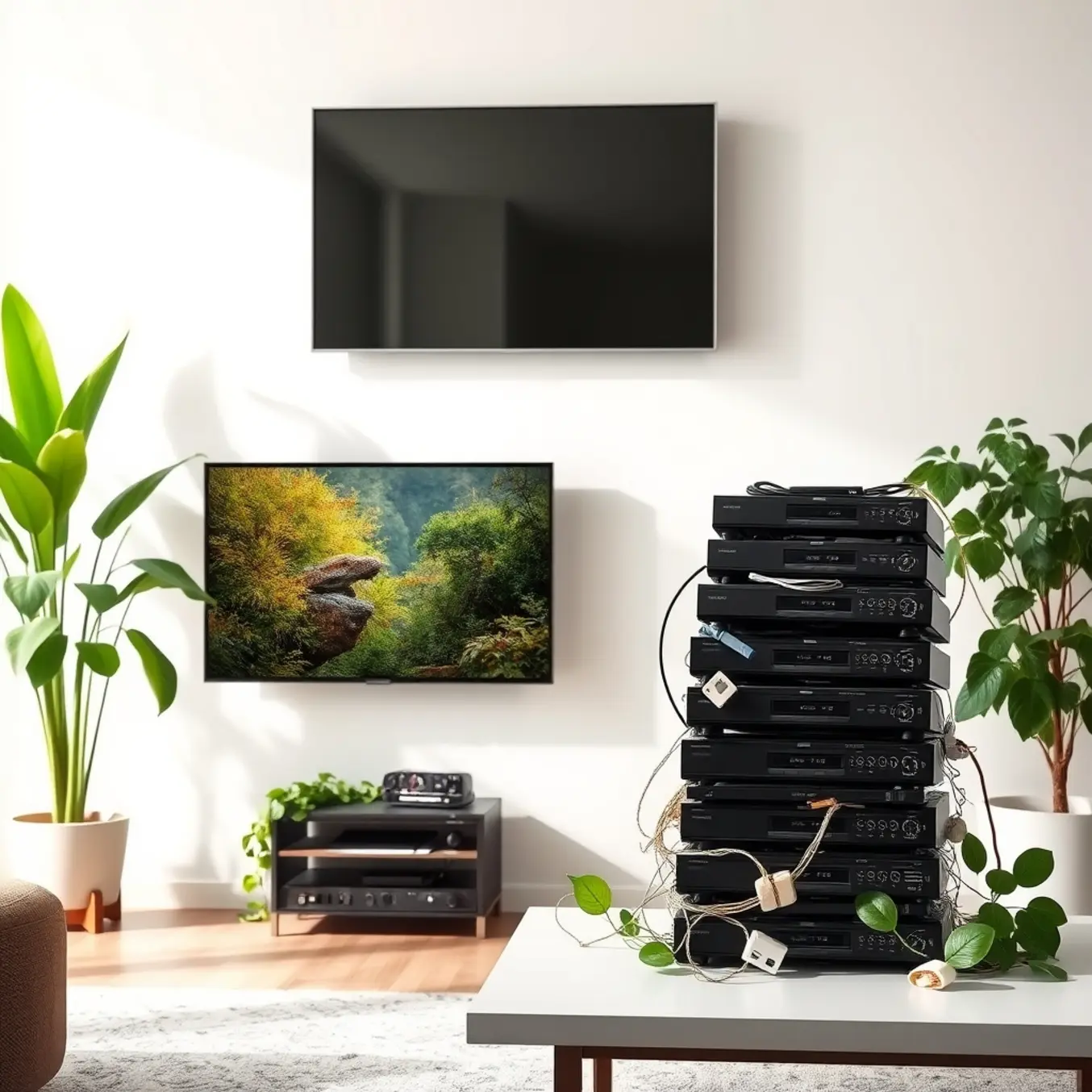 alt_text: A minimalist living room with a smart TV showing a nature documentary. Discarded electronics are recycled nearby, symbolizing e-waste reduction.