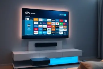 alt_text: A modern living room at dusk. A TV displays an Arabic and Turkish electronic program guide. A set-top box and remote complete the scene.