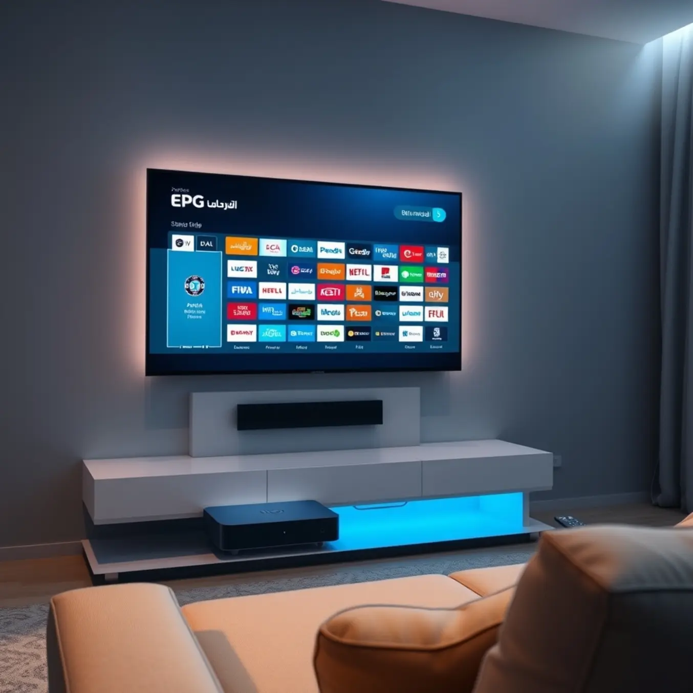 alt_text: A modern living room at dusk. A TV displays an Arabic and Turkish electronic program guide. A set-top box and remote complete the scene.