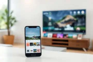 alt_text: A smartphone displays a sleek IPTV app, with a blurred living room and smart TV showing a nature documentary in the background.