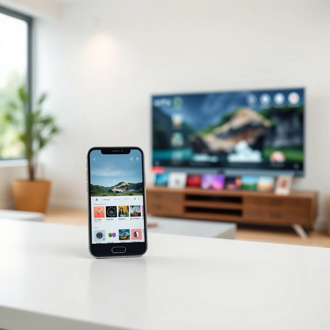 alt_text: A smartphone displays a sleek IPTV app, with a blurred living room and smart TV showing a nature documentary in the background.