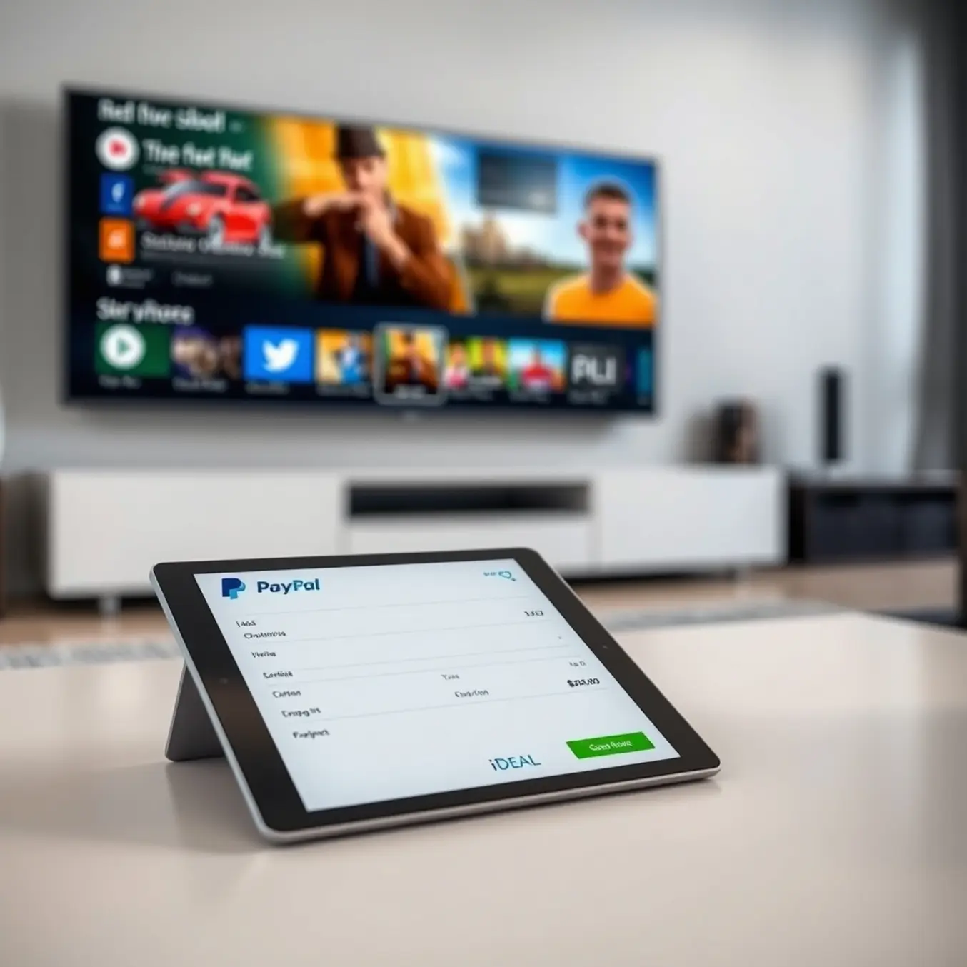 alt_text: A modern living room with a TV displaying entertainment and a tablet showing a secure iDEAL and PayPal checkout screen.