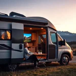alt_text: A happy couple watches a smart TV mounted in their modern camper van while parked at a scenic mountain campsite.