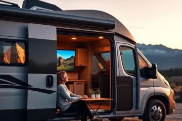 alt_text: A happy couple watches a smart TV mounted in their modern camper van while parked at a scenic mountain campsite.