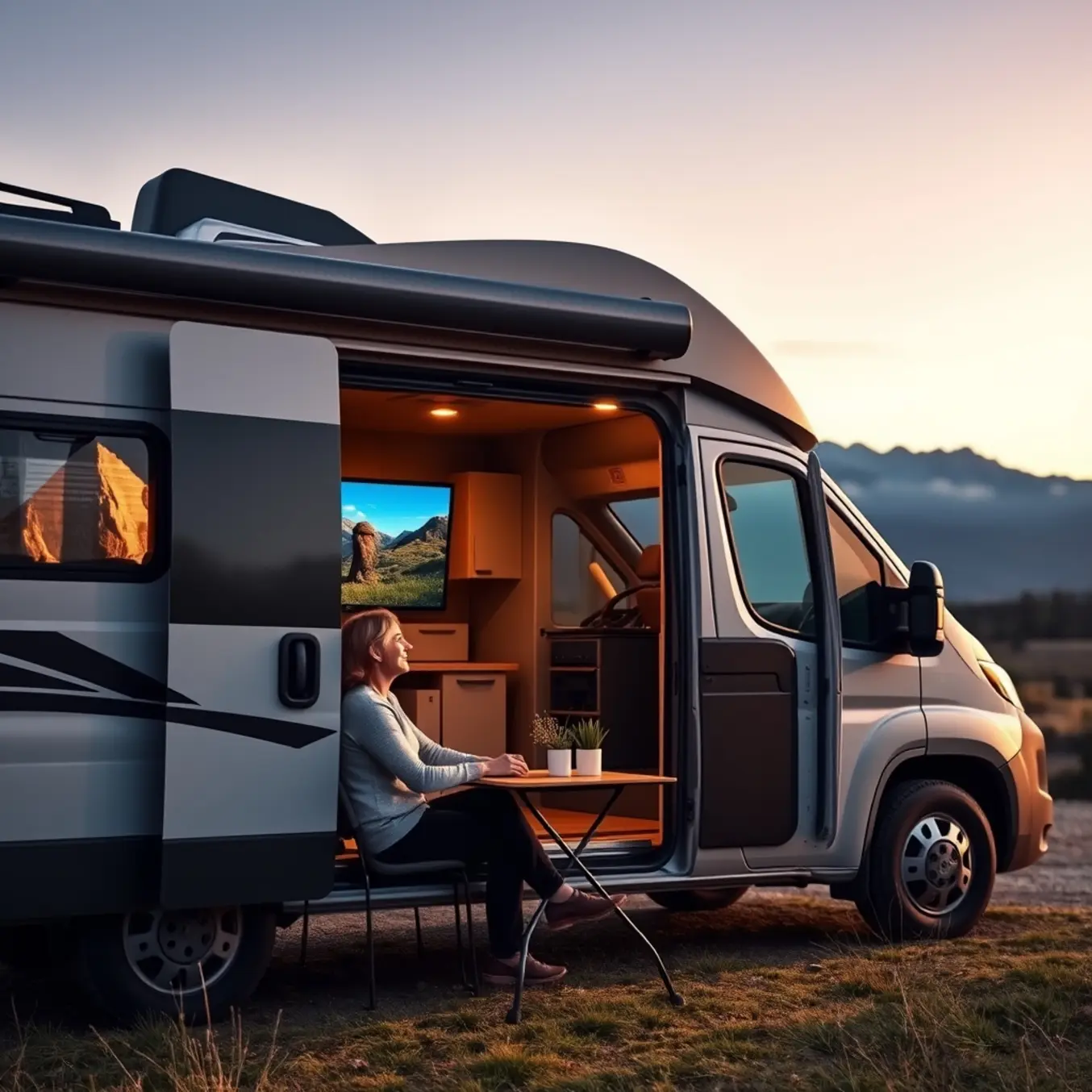 alt_text: A happy couple watches a smart TV mounted in their modern camper van while parked at a scenic mountain campsite.