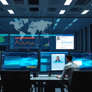 alt_text: A modern digital workspace with multiple monitors showing streaming analytics and live chat, set against global network connections.