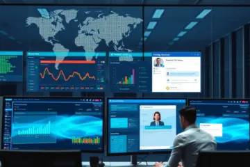 alt_text: A modern digital workspace with multiple monitors showing streaming analytics and live chat, set against global network connections.