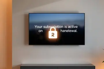 alt_text: A modern living room with a smart TV displaying "Your subscription is active" and a recurring calendar icon.