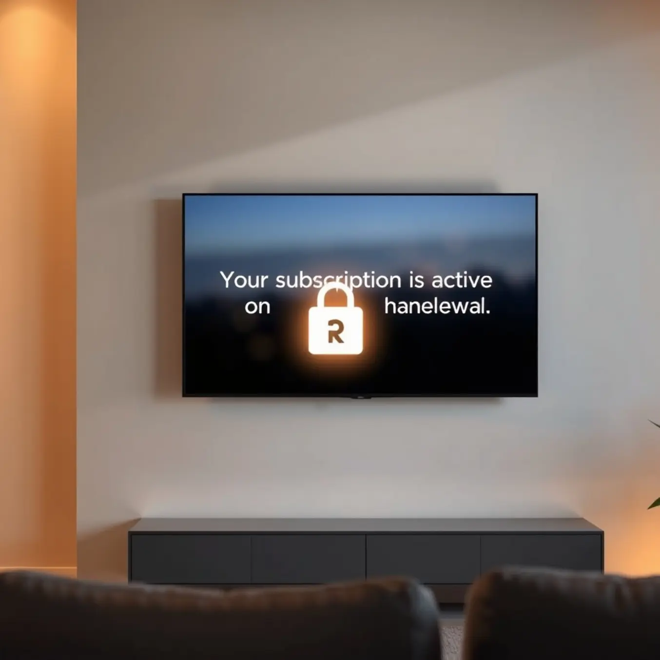 alt_text: A modern living room with a smart TV displaying "Your subscription is active" and a recurring calendar icon.