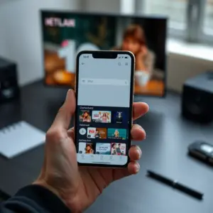 alt_text: A smartphone displaying a clean IPTV app interface with a channel guide, held against a dark desk with soft bokeh lights.
