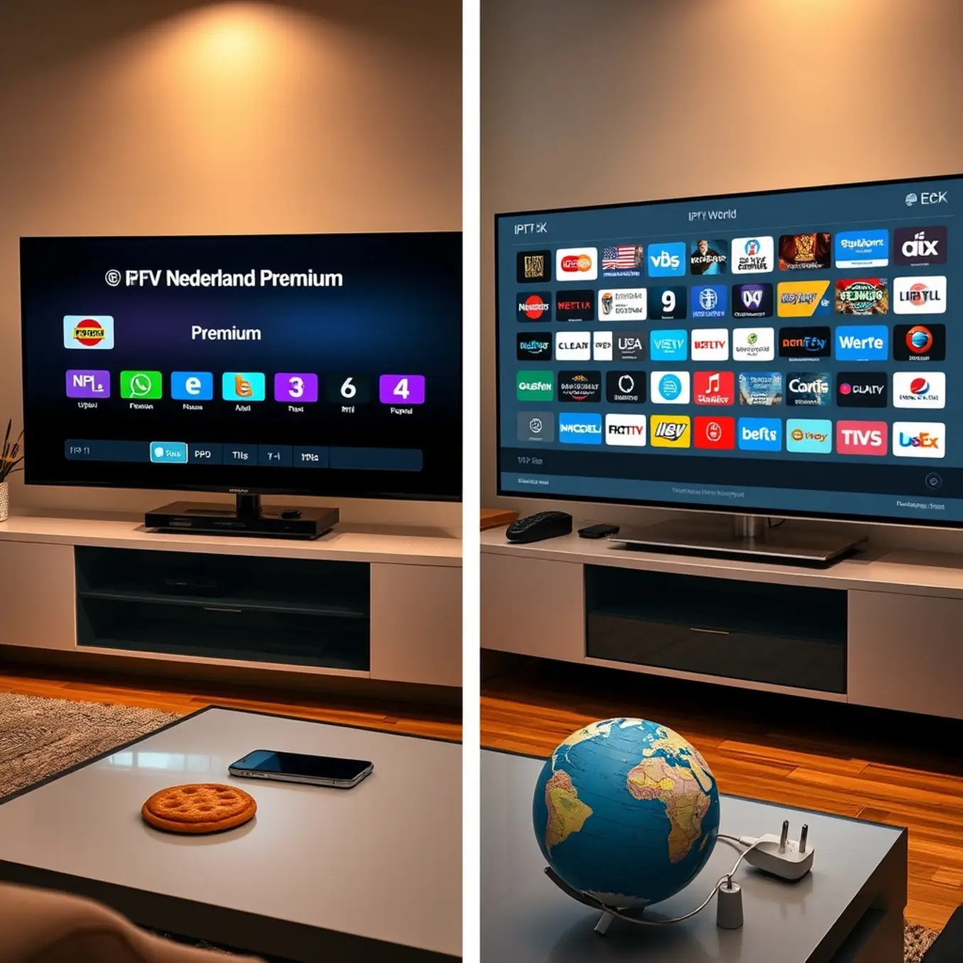 alt_text: A split-screen view comparing two modern IPTV services: one focused on Dutch channels, the other offering global international content.