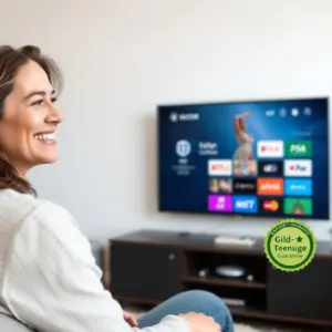 alt_text: A person smiling while browsing a modern IPTV service on their TV in a cozy living room, featuring a trust badge.