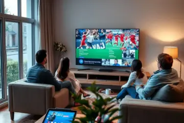 alt_text: A diverse expat family in a Dutch living room enjoys international TV channels, creating a warm, connected evening at home.