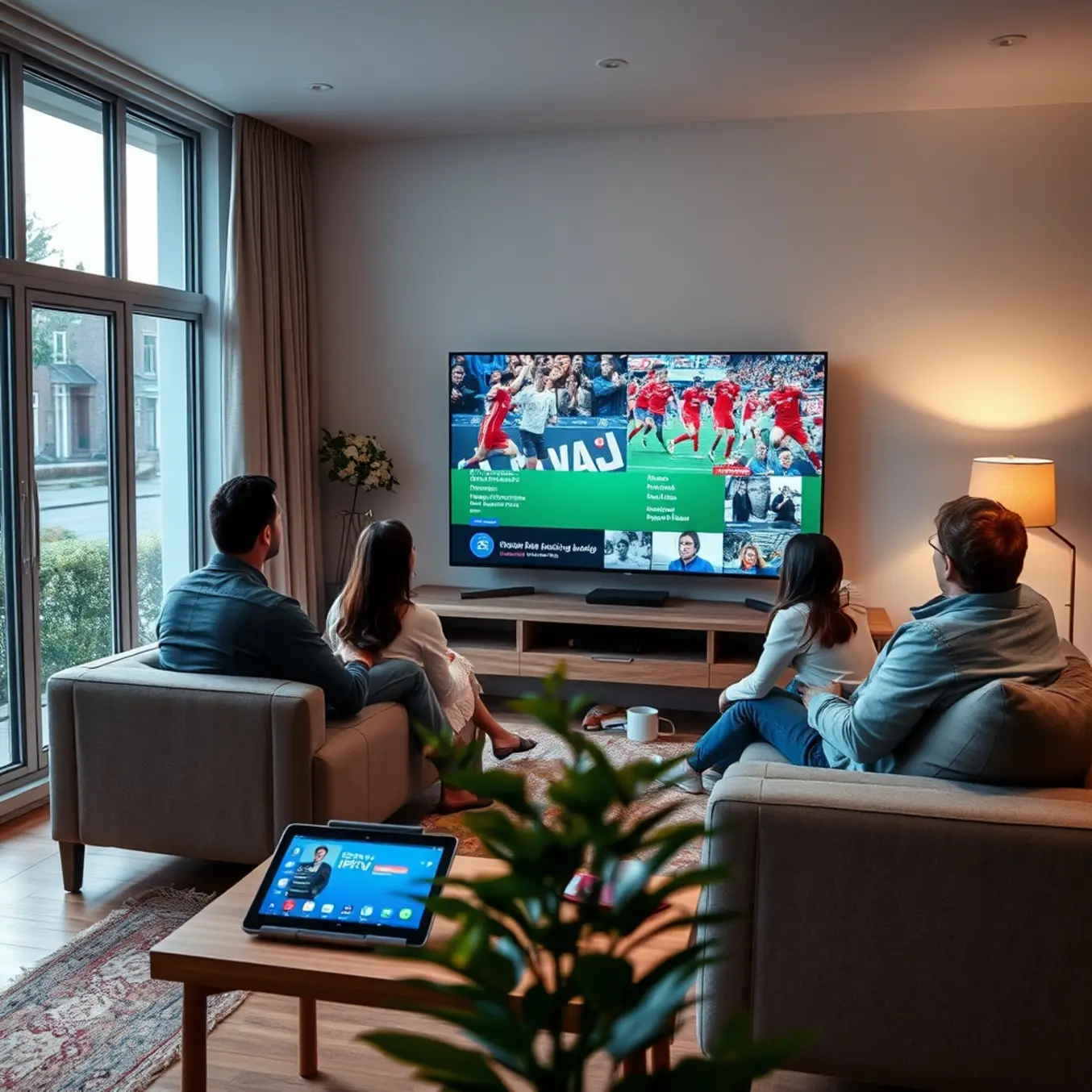 alt_text: A diverse expat family in a Dutch living room enjoys international TV channels, creating a warm, connected evening at home.