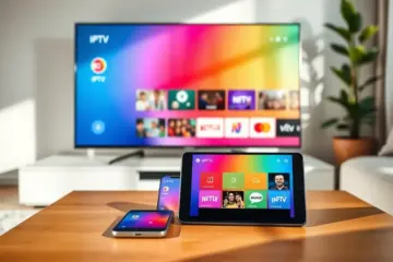 alt_text: A cozy living room with a smart TV, phone, and tablet all displaying a colorful IPTV app interface on a wooden table.