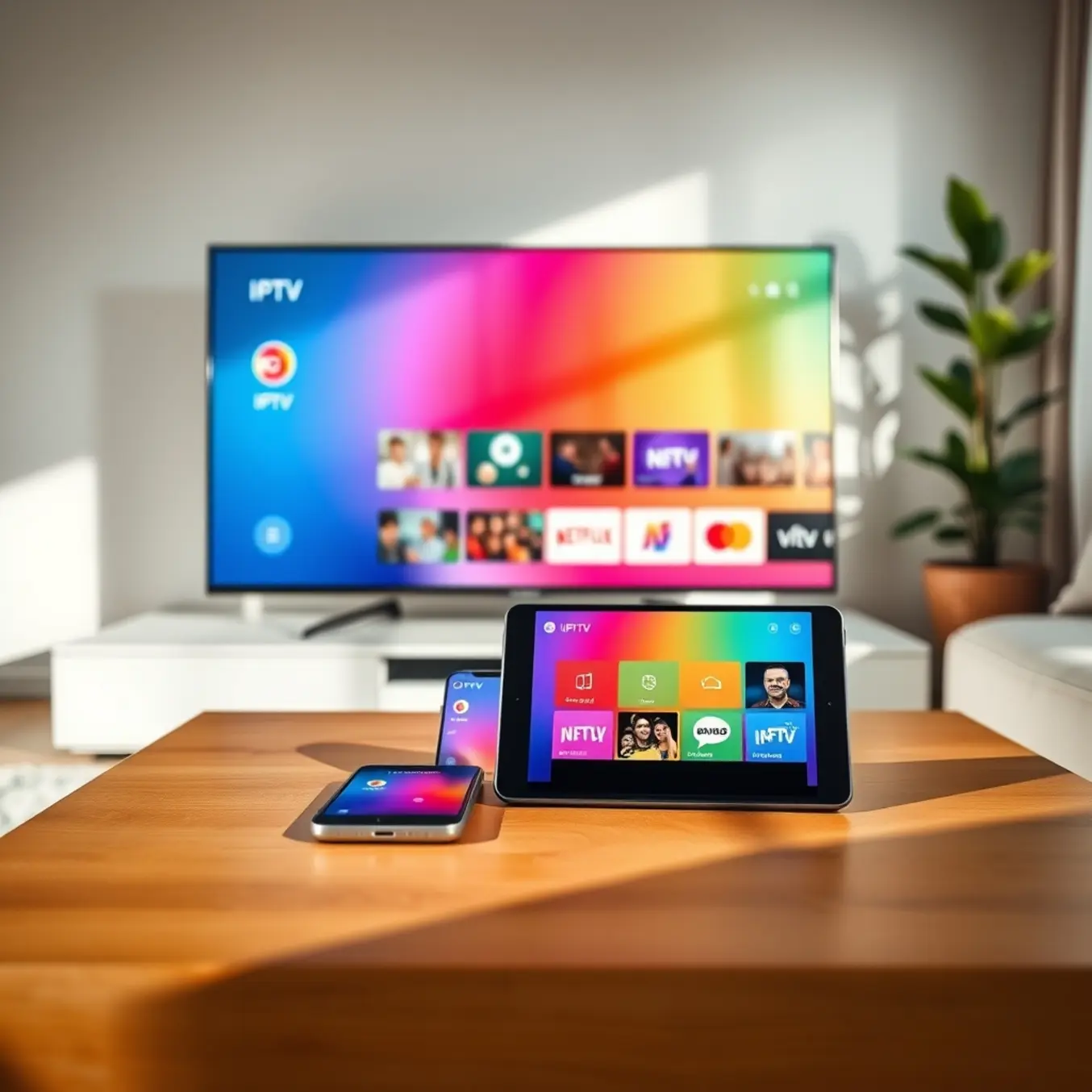 alt_text: A cozy living room with a smart TV, phone, and tablet all displaying a colorful IPTV app interface on a wooden table.