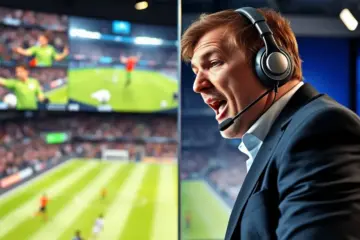 alt_text: A split-screen view of an energetic Dutch football commentator in a modern studio and intense live match action from a broadcast.