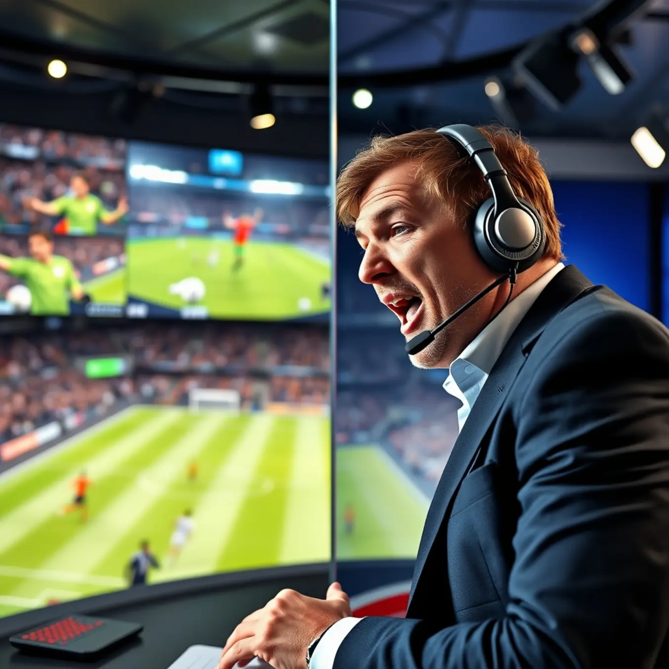alt_text: A split-screen view of an energetic Dutch football commentator in a modern studio and intense live match action from a broadcast.