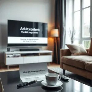 alt_text: A modern Dutch living room with a TV showing a blurred content warning, a media regulation document on the table, and a remote control.