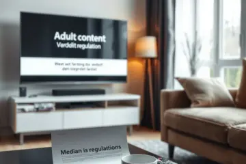 alt_text: A modern Dutch living room with a TV showing a blurred content warning, a media regulation document on the table, and a remote control.