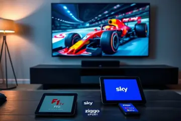 alt_text: A minimalist living room at night, focused on a large TV showing a blurry-speed F1 car. A tablet and phone display IPTV sports apps.