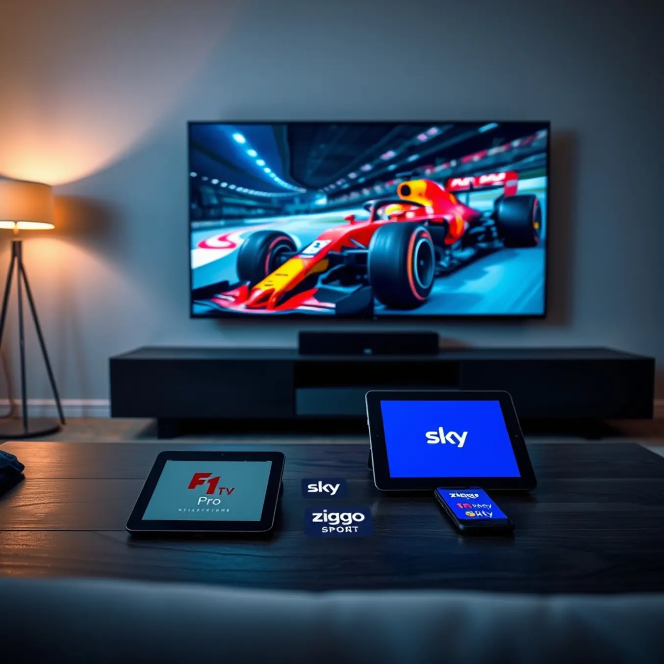 alt_text: A minimalist living room at night, focused on a large TV showing a blurry-speed F1 car. A tablet and phone display IPTV sports apps.