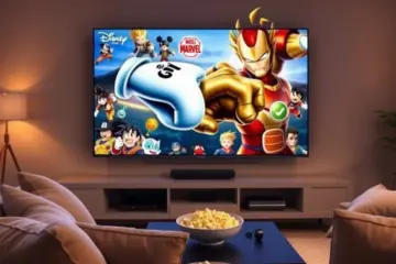 alt_text: A cozy living room at dusk. The TV shows Mickey Mouse shaking hands with Iron Man, with Goku flying behind them, ready for movie night.