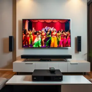 alt_text: A cozy living room at night featuring a vibrant Bollywood musical on a flatscreen TV, with an IPTV box and remote on the console below.