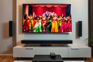 alt_text: A cozy living room at night featuring a vibrant Bollywood musical on a flatscreen TV, with an IPTV box and remote on the console below.