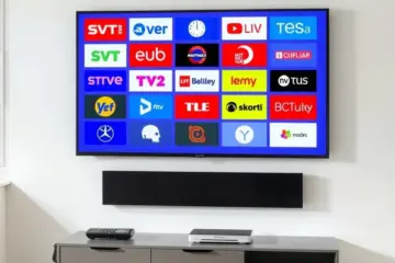 alt_text: A minimalist Scandinavian living room with a large TV displaying a grid of Nordic channel logos like SVT, DR, and Yle.