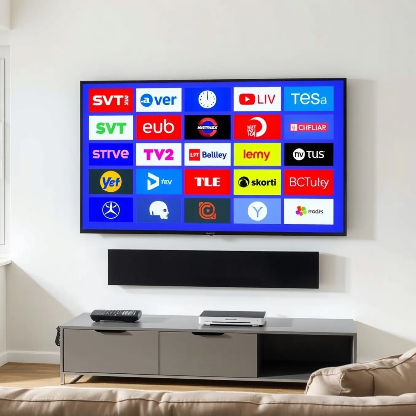 alt_text: A minimalist Scandinavian living room with a large TV displaying a grid of Nordic channel logos like SVT, DR, and Yle.
