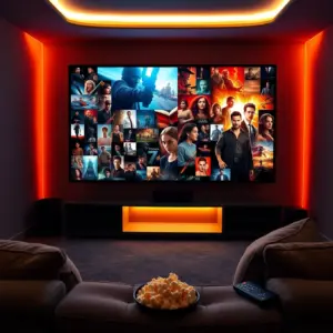 alt_text: A cozy home theater with a large screen showing a mosaic of iconic movie scenes, a sofa with popcorn, and soft, ambient lighting.