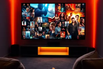 alt_text: A cozy home theater with a large screen showing a mosaic of iconic movie scenes, a sofa with popcorn, and soft, ambient lighting.