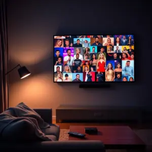 alt_text: A cozy living room at night, illuminated by a large TV showing a vibrant collage of popular reality and talent show moments.