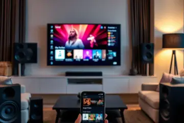 alt_text: A modern living room entertainment setup with a flatscreen TV on a music channel, high-quality speakers, and a streaming app on a phone.