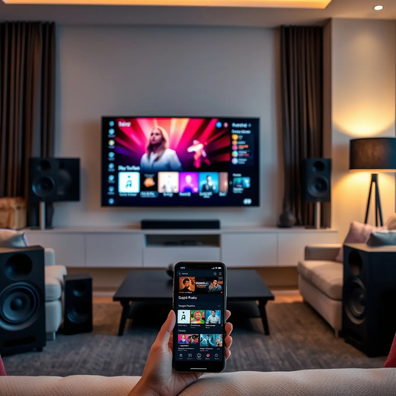 alt_text: A modern living room entertainment setup with a flatscreen TV on a music channel, high-quality speakers, and a streaming app on a phone.