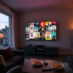 alt_text: A cozy Dutch living room at dusk, featuring a TV displaying iconic Dutch films and series, with canal views and stroopwafels.