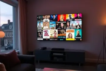 alt_text: A cozy Dutch living room at dusk, featuring a TV displaying iconic Dutch films and series, with canal views and stroopwafels.