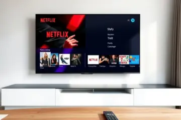 alt_text: A minimalist living room with a large TV showing a split-screen of Netflix and an IPTV guide. A remote rests on a coffee table.