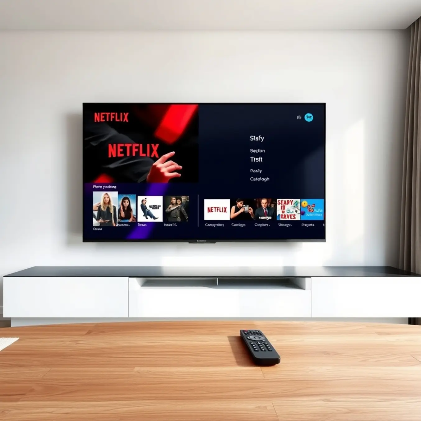 alt_text: A minimalist living room with a large TV showing a split-screen of Netflix and an IPTV guide. A remote rests on a coffee table.