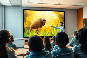 alt_text: Students focused on a nature documentary in a bright, modern classroom as their teacher highlights a detail on screen.