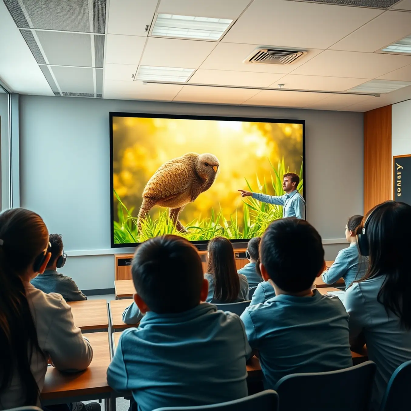 alt_text: Students focused on a nature documentary in a bright, modern classroom as their teacher highlights a detail on screen.