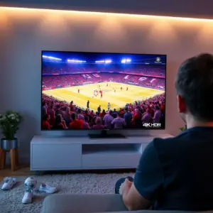 alt_text: A person watches a vibrant 4K football match on a sleek TV in a cozy, contemporary living room at night.