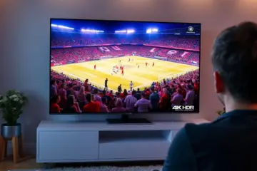 alt_text: A person watches a vibrant 4K football match on a sleek TV in a cozy, contemporary living room at night.