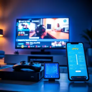 alt_text: A modern living room at night, illuminated by a Twitch stream on a large TV. A gaming controller and phone showing an eSports bracket sit in the foreground.
