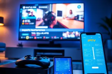 alt_text: A modern living room at night, illuminated by a Twitch stream on a large TV. A gaming controller and phone showing an eSports bracket sit in the foreground.