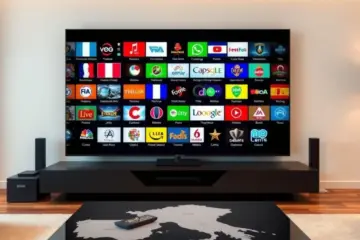 alt_text: A modern living room with a TV showing French, Italian, and Spanish channels, a remote, and a map highlighting those countries.