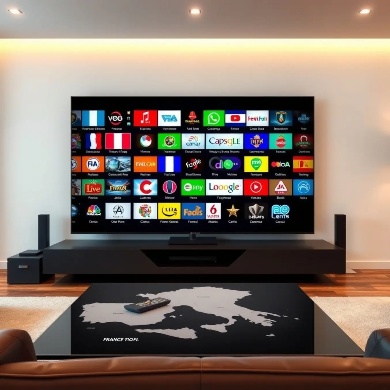 alt_text: A modern living room with a TV showing French, Italian, and Spanish channels, a remote, and a map highlighting those countries.